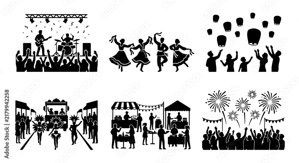 Fototapeta premium Festival Icons Set: Concert, Dance, Lanterns, Parade, Market, Fireworks, Celebration Silhouettes