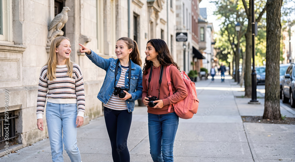 Obraz premium Three smiling teenage girls walking on a city sidewalk. Happy young friends holding compact cameras and exploring the town. Youth travel and friendship concept