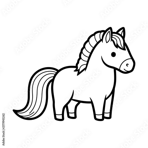 Cute cartoon horse line art with thick black outlines on isolated white background, concept for coloring book page and farm animal learning, suitable for children printable worksheets and preschool