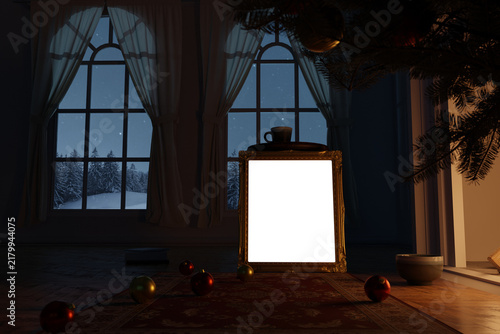 3d rendering of an isolated golden picture frame next to a fireplace and arched window in a winter night
