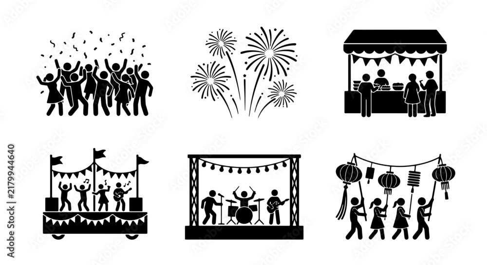 Fototapeta premium Celebration Icons: Festival, Parade, Concert, Fireworks, Market Stall, Lanterns