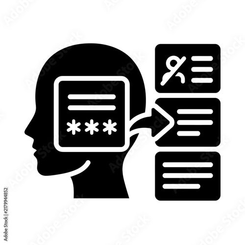 Head silhouette with password icon pointing to external data cards