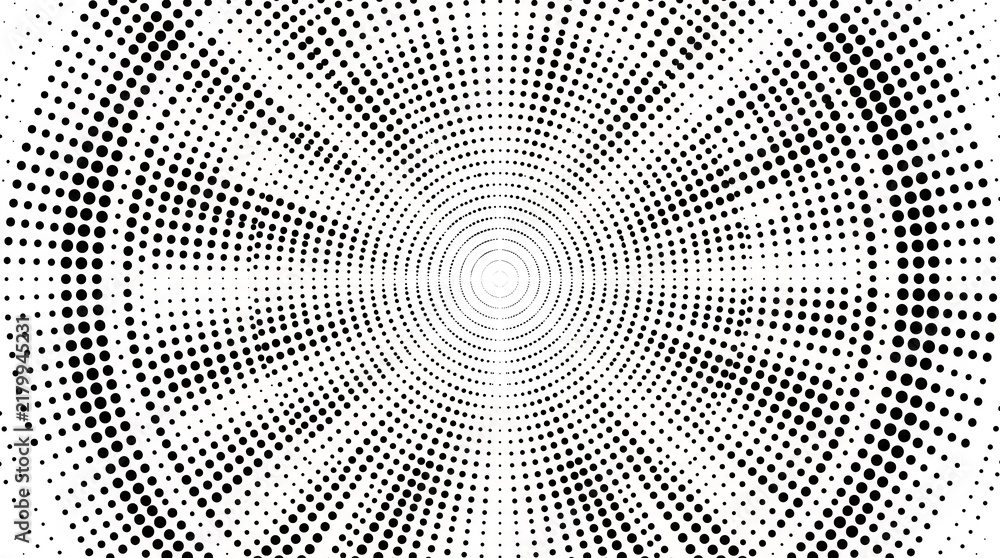 Fototapeta premium Circular halftone concentric ring pattern background in high contrast black and white.
