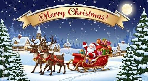 Santa claus flying with reindeer in a snowy christmas village under a starry night sky