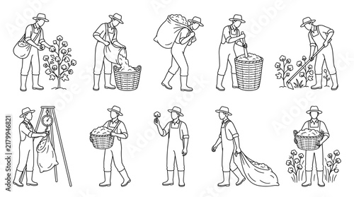 Cotton farmer harvesting cotton line art set farmer activities vector illustration