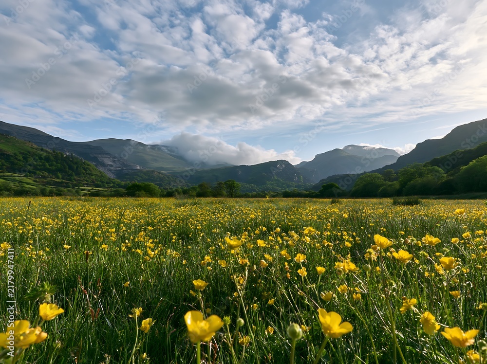 Fototapeta premium Colorful buttercup meadow filled with flowers and mountains