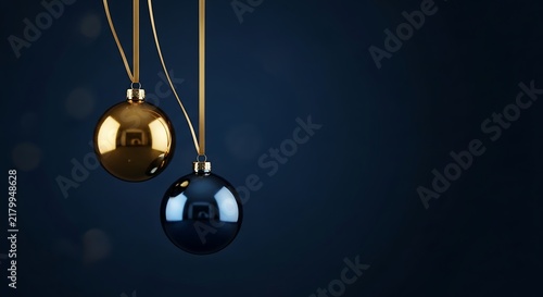 Two hanging gold and blue metallic christmas ornaments on ribbon