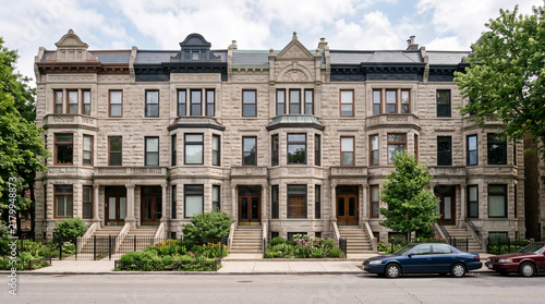 Historic Stone Townhouses and Brownstones on City Street