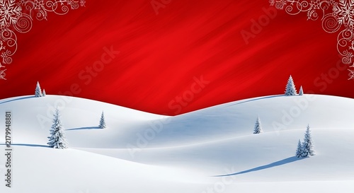 Winter landscape with snow-covered hills and colorful christmas trees under red sky