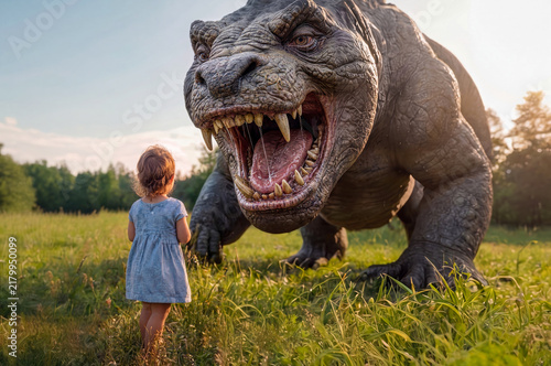 Conceptual portrait of a fearless toddler facing a giant monstrous lizard creature in a meadow