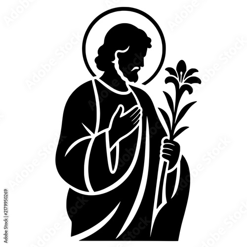 Minimalist black silhouette of Saint Joseph holding a lily flower with halo nimbus for religious stencil and church design