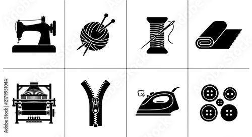 Sewing Machine, Yarn, Thread Spool, Fabric Roll, Loom, Zipper, Iron, Buttons: Crafting Icons