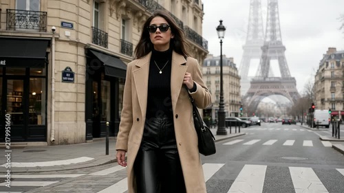 Chic Woman Walking in Paris with Eiffel Tower Background