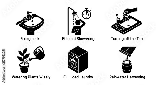 Water Saving Icons: Efficient Showering, Fixing Leaks, Tap Off, Laundry, Plants, Rainwater Harvesting