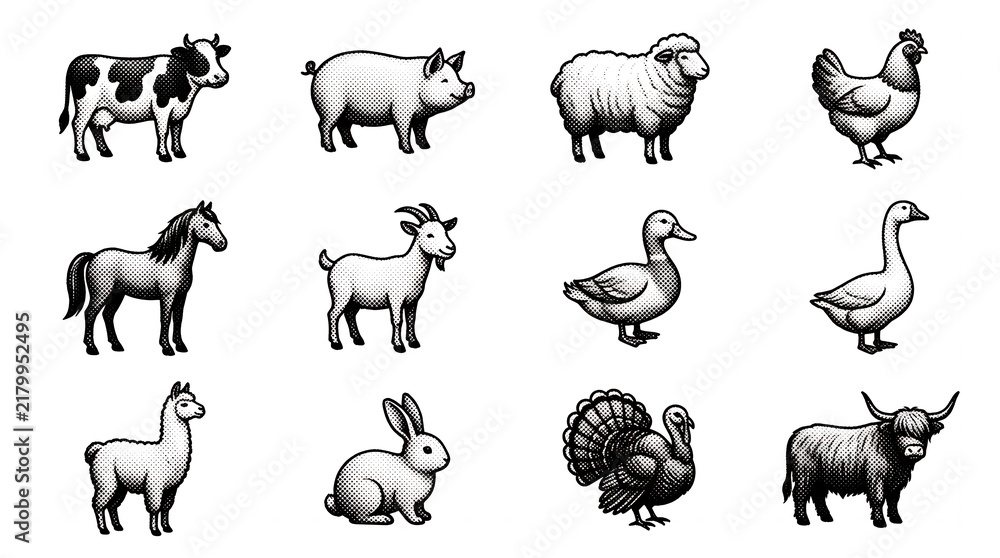 Obraz premium Farm animals icon collection rustic engraving style monochrome vector illustration set.