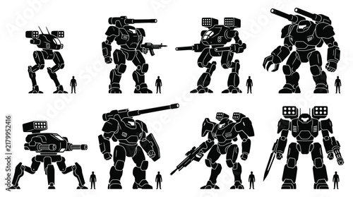 Science fiction giant robot and mecha silhouettes.