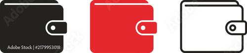 Set of wallet icons in different styles, black filled, red filled and outline vector illustration