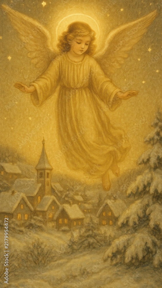 Obraz premium Serene angel over snowy village mobile wallpaper