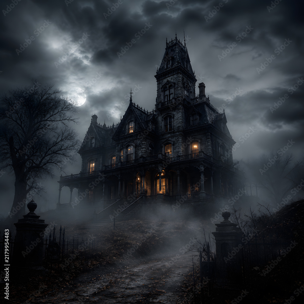 Fototapeta premium ancient haunted gothic mansion tower stand tall beneath glowing moon in misty cloudy night sky