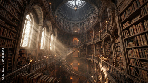 Magnificent interior of historic multi-level library with tall wooden bookshelves filled with old books, ornate wrought iron balconies and spiral staircases, arched glass skylight ceiling