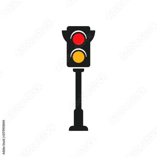 Traffic Light Signal with Red and Yellow Lights on Black Post.