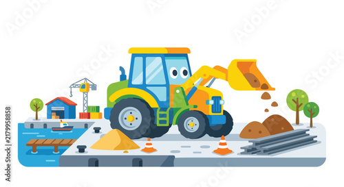 Foto A cute cartoon tractor with eyes dumps dirt at a bustling dockside construction site with a crane and boat