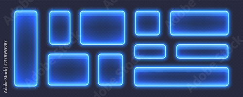 Glossy neon buttons, glowing glass banners in blue color. Transparent rectangular frames with LED light. Futuristic tech boxes for user interface. Vector illustration shapes.