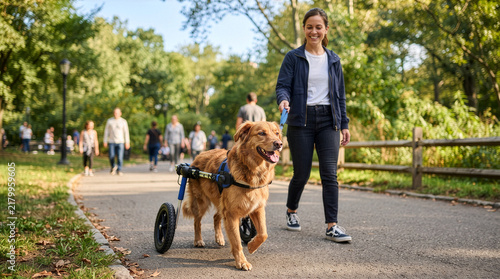 Golden retriever in wheelchair walking through park with owner on path