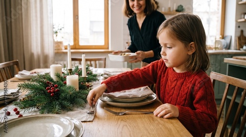 Young girl setting table for holiday dinner with mother bringing food in festive kitchen