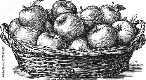 Etching of a woven basket overflowing with ripe apples