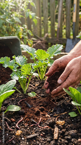 Gardener hands adding rich organic compost and earthworms to fertile soil around healthy green vegetable seedlings in a garden bed