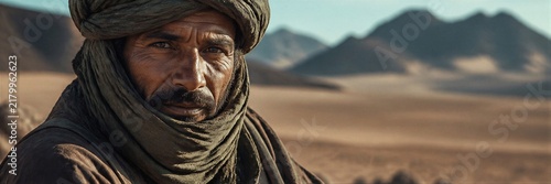 Documentary portrait of nomad man in turban and wrapped cloth looking at camera in desert.