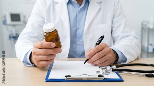 Doctor Holding Prescription Bottle and Writing on Clipboard.