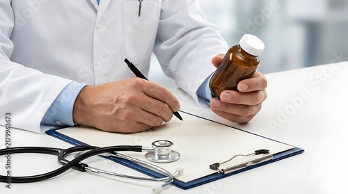 Doctor Prescribing Medication and Writing Prescription at Desk.