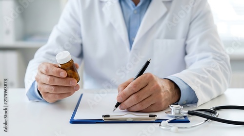Doctor Writing Prescription Holding Medication Bottle at Desk.