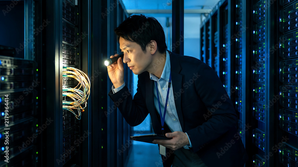 Fototapeta premium 青い光のデータセンターでラックの配線を懐中電灯で照らす男性技術者の横顔、タブレットパソコンと配線ケーブルも見える