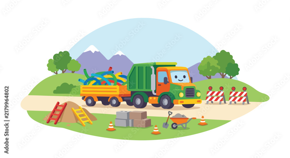 Fototapeta premium A cheerful cartoon garbage truck carrying colorful pipes drives past a construction site in a scenic landscape.
