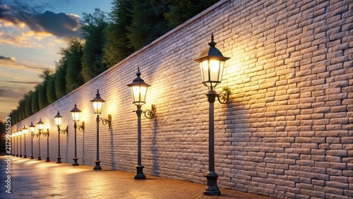 A majestic white brick wall stands sentinel under twinkling streetlights at dusk bathed in warm evening shadows