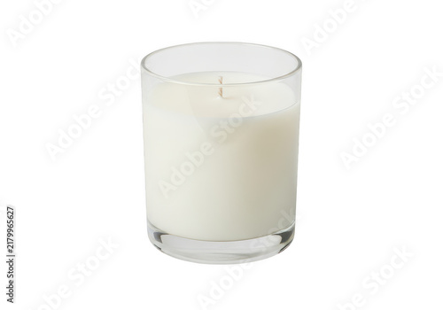 White scented candle in a simple clear glass jar isolated on transparent background