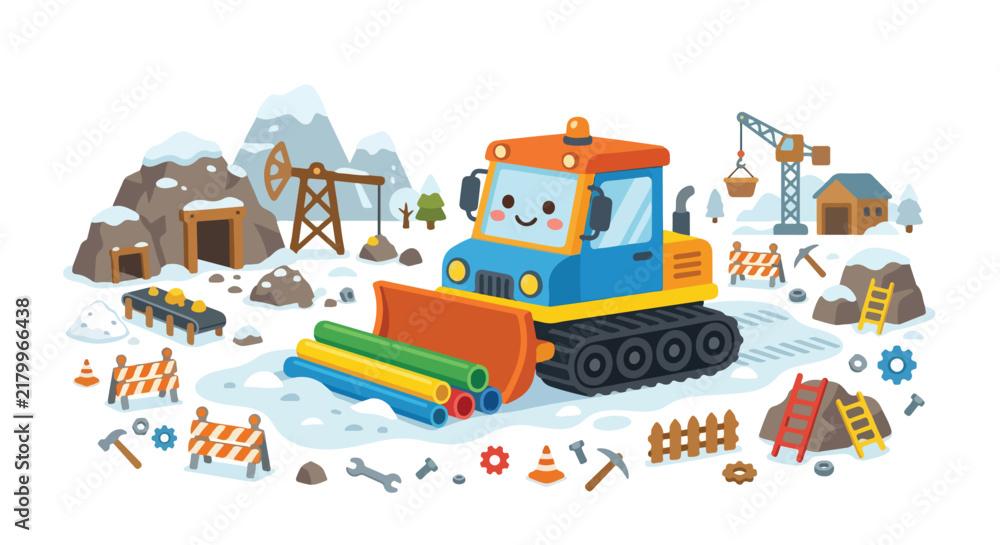 Naklejka premium A cute cartoon bulldozer pushes colorful pipes in a snowy mining scene with cranes, tools, and snowy mountains.