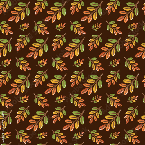 Seamless pattern with colorful autumn branches on dark brown background. Warm seasonal foliage print. 