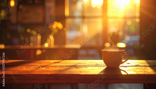 Warm coffee cup on wooden table.