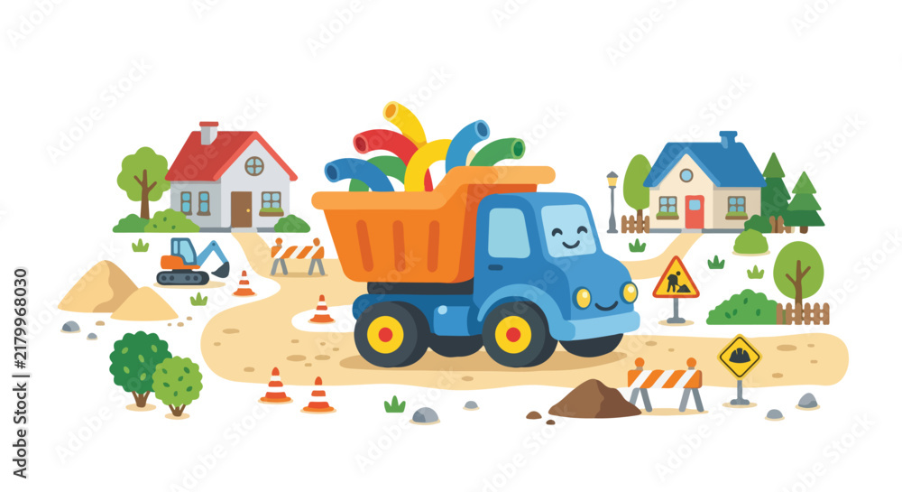 Fototapeta premium A cute cartoon dump truck loaded with colorful pipes drives through a construction site in a peaceful neighborhood setting.