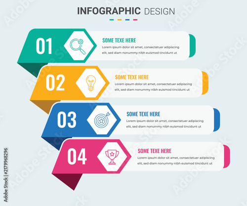 Modern 4 Step Infographic Process Timeline Template with Colorful Numbered Banners, Business Strategy, Workflow, Presentation and Corporate Information Design