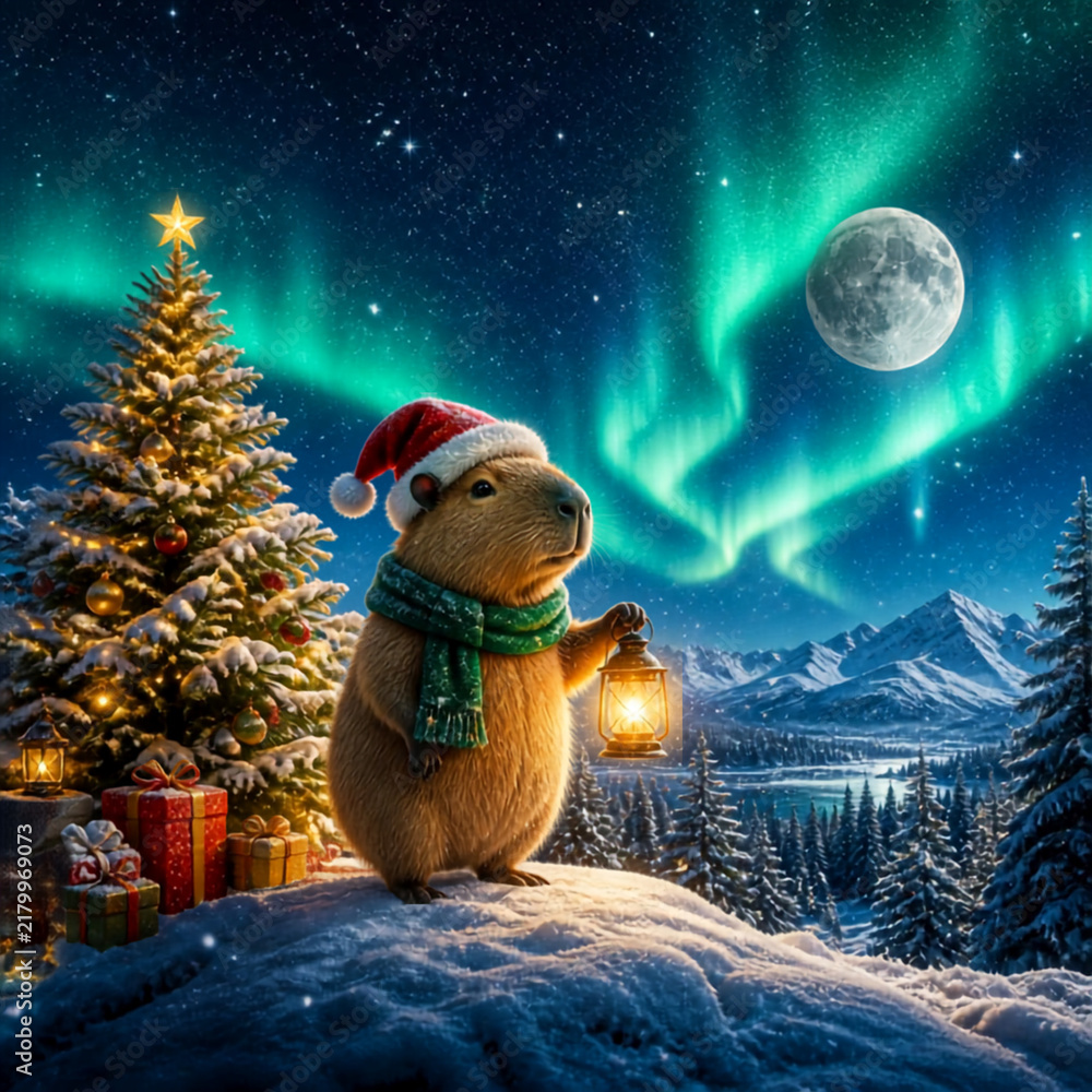 Obraz premium Cute digital illustration of a happy capybara wearing a Santa hat and cozy scarf, drinking hot cocoa on a snowy winter night with a decorated Christmas tree and full moon.