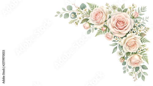 Blush Rose Wedding Corner — elegant floral corner arrangement with delicate blush roses, tiny white flowers and soft green leaves, gentle blush-to-cream color gradient flowing through the petals,