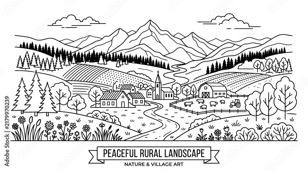 Fototapeta premium Very beautiful black and white realistic vector landscape featuring trees, forest, mountains, flowers, plants, houses, fields, farms and villages with clean countryside linework, NATURE & VILLAGE LAND