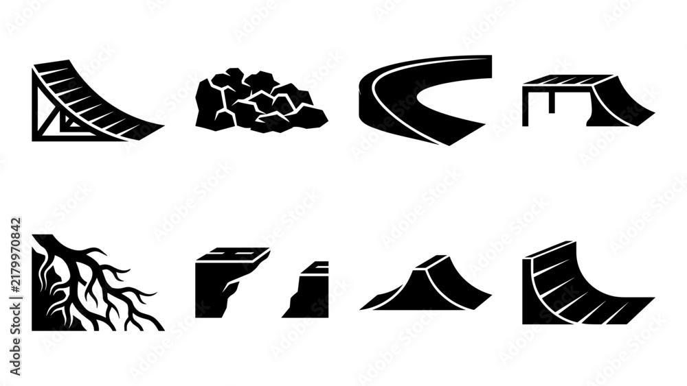 Fototapeta premium Extreme Sports Skatepark And Mountain Bike Trail Obstacle Black Glyph Icon Set With Ramp And Berm