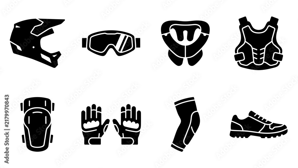 Fototapeta premium Extreme sports and motocross protective gear icon set safety equipment silhouette symbols for athlete
