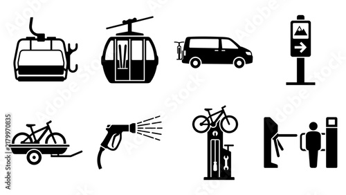 Mountain Bike Park Facilities Service Icons Set Cable Car Repair Station Signboard Vector Elements